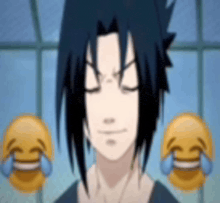 a close up of a person 's face with two laughing emojis behind him .