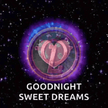 a goodnight sweet dreams greeting card with a heart in the middle of a purple circle surrounded by stars .