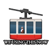 a red and white cable car with the words we using this now