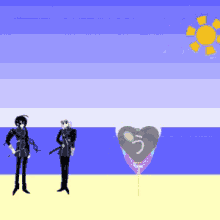 two anime characters standing on a beach with a heart shaped balloon