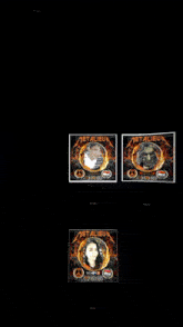 a metallica logo with a peace sign and a man in a fire circle