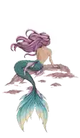 a pixel art drawing of a mermaid with purple hair sitting on a rock