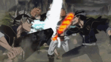 a group of anime characters are fighting each other and one has a sword that looks like a cross
