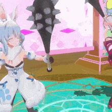 a girl with bunny ears is holding a spiked weapon
