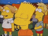 bart simpson is standing next to two other cartoon characters in a crowd .