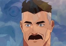 a cartoon drawing of a man with a mustache and a blue eye
