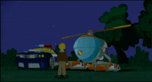 a man stands in front of a robot that looks like a police car