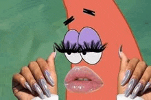 a woman with long nails is holding a picture of patrick star with false eyelashes .
