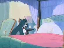 a cartoon cat is sitting on a bed with a canopy