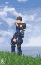 a man in a video game is standing in a grassy field .