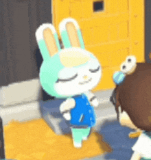 a cartoon rabbit is standing next to a person in front of a door .