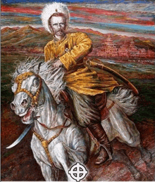 a painting of a man riding a white horse with a cross in the corner