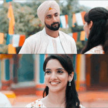 a man wearing a turban looks at a woman who is smiling