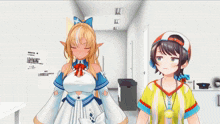 two anime characters are standing next to each other in a hallway