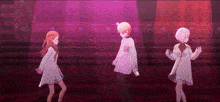 a group of anime characters are dancing on a stage in a purple room