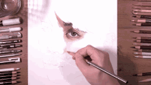 a person is drawing a woman 's eye with a faber castell pencil in the foreground