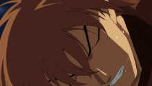 a close up of a cartoon character 's face with blue eyes