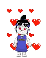 a cartoon girl wearing sunglasses and holding a large red heart