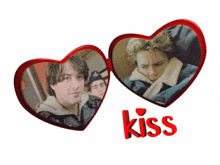 two red hearts with a picture of a man and the word kiss below it