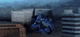 a blue robot is flying in the air with a gun