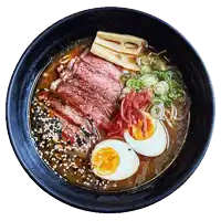 a bowl of ramen with meat and eggs on a white background