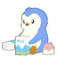 a blue and white penguin drinking milk from a carton