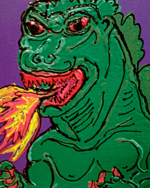 a drawing of a green monster with a red eye and a yellow tongue