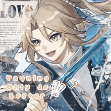 a picture of a boy holding a sword with the words " yaqining only de leester "