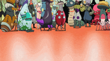 a group of cartoon characters are standing in a line