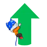 a cartoon cat is holding onto a green arrow pointing upwards