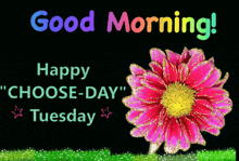 a poster that says good morning happy choose-day tuesday with a pink flower