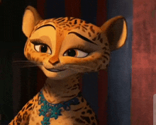 a close up of a cartoon leopard wearing a blue necklace and smiling .