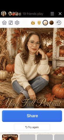 a woman is sitting in front of pumpkins and leaves with the words your fall portrait