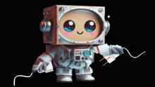 a robot with a cardboard box on its head is holding a charger