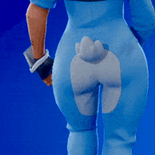 a person wearing a blue jumpsuit with a white tail