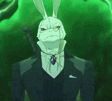 a white rabbit in a suit with a sword