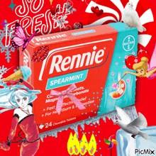 a box of rennie spearmint chewable tablets with a fairy and a bird on it