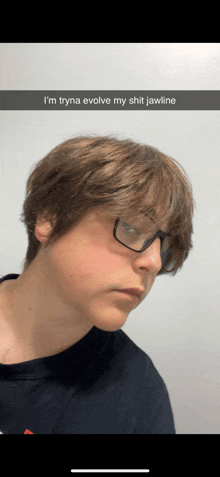 a young man wearing glasses and a nose ring has a caption that says i 'm tryna evolve my shit jawline