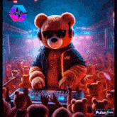 a teddy bear wearing sunglasses and headphones is playing music for a crowd
