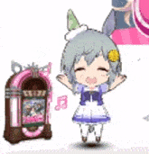 a cartoon girl is standing next to a jukebox with her arms outstretched .