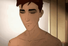 a cartoon man without a shirt is standing in front of a mirror with his eyes closed .