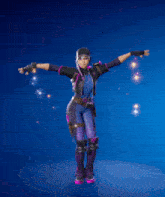 a woman in a purple and black outfit is dancing