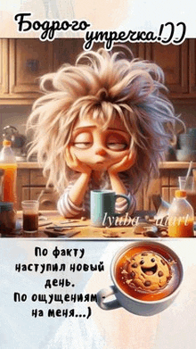 a cartoon of a girl sitting at a table with a cup of coffee and a cookie on it .