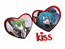 a couple of heart shaped mirrors with the word kiss in red