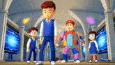 a group of cartoon characters standing next to each other