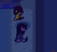 a pixel art of two people standing next to each other in a dark room in a video game .
