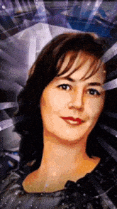 a woman 's face is shown in a painting with a diamond in the background
