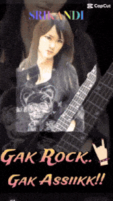 a picture of a girl holding a guitar with the words tak rock