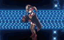 a girl in a pirate outfit is dancing in front of a blue background