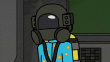a cartoon character wearing a gas mask and pajamas is standing next to a wall .